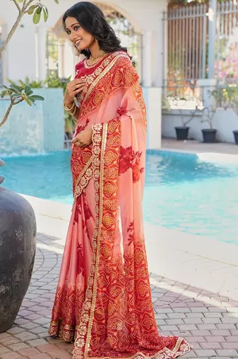 Peach bandhani embroidered poly chiffon designer bandhani saree