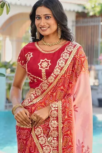 Peach bandhani embroidered poly chiffon designer bandhani saree