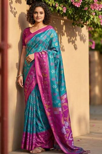 Multicolor ethnic motifs silk blend handloom pochampally saree