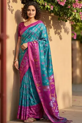 Multicolor ethnic motifs silk blend handloom pochampally saree