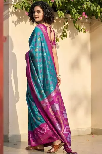 Multicolor ethnic motifs silk blend handloom pochampally saree