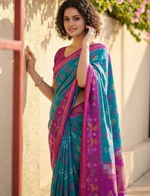 Multicolor ethnic motifs silk blend handloom pochampally saree 3