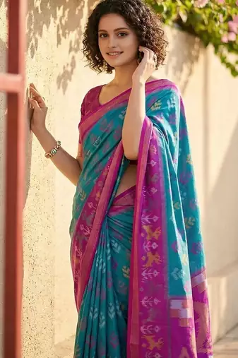 Multicolor ethnic motifs silk blend handloom pochampally saree