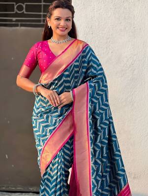 Teal floral zari silk blend designer banarasi saree 1