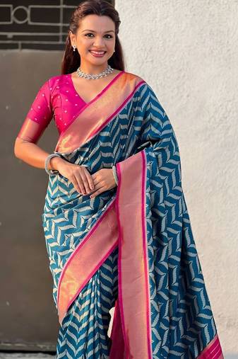Teal floral zari silk blend designer banarasi saree
