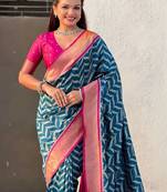 Teal floral zari silk blend designer banarasi saree