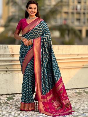 Teal floral zari silk blend designer banarasi saree 2