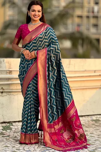Teal floral zari silk blend designer banarasi saree