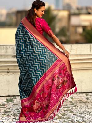 Teal floral zari silk blend designer banarasi saree 3