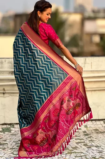 Teal floral zari silk blend designer banarasi saree