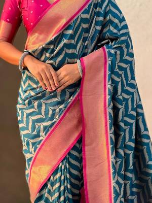 Teal floral zari silk blend designer banarasi saree 5