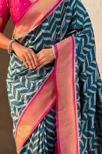 Teal floral zari silk blend designer banarasi saree