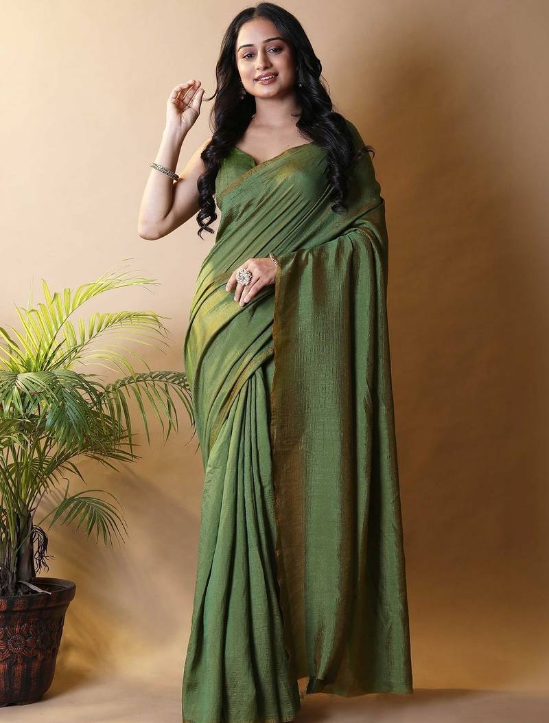 Olive silk cotton saree with blouse piece
