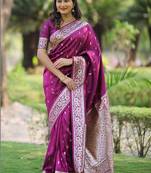Purple woven design zari silk blend handloom banarasi saree