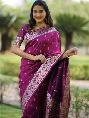 Purple woven design zari silk blend handloom banarasi saree 2