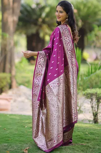 Purple woven design zari silk blend handloom banarasi saree