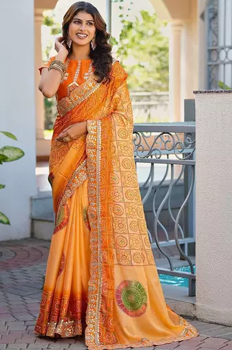 Orange bandhani embroidered poly chiffon designer bandhani saree