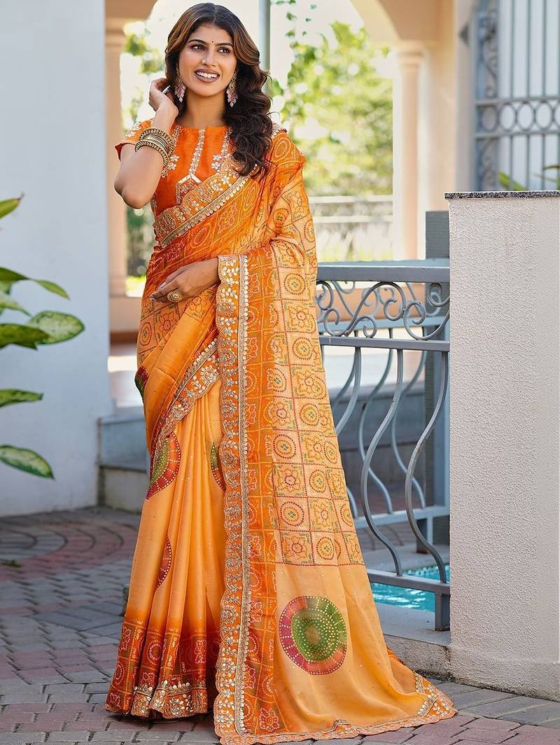 Orange bandhani embroidered poly chiffon designer bandhani saree