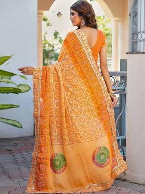 Orange bandhani embroidered poly chiffon designer bandhani saree 2
