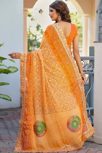 Orange bandhani embroidered poly chiffon designer bandhani saree
