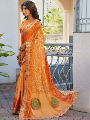Orange bandhani embroidered poly chiffon designer bandhani saree 3