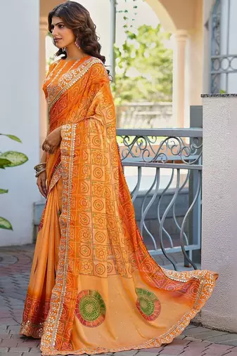 Orange bandhani embroidered poly chiffon designer bandhani saree
