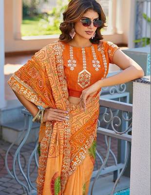 Orange bandhani embroidered poly chiffon designer bandhani saree 5