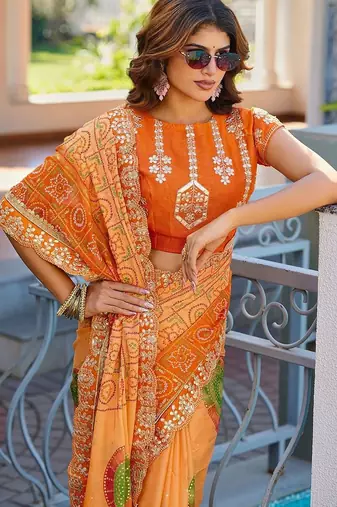 Orange bandhani embroidered poly chiffon designer bandhani saree