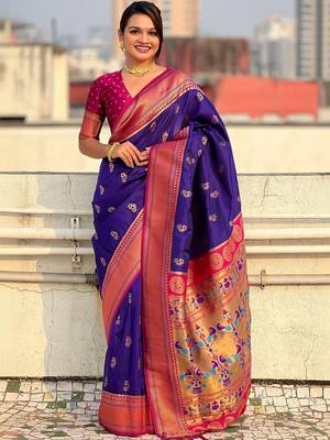 Purple ethnic motifs zari silk blend paithani saree 1