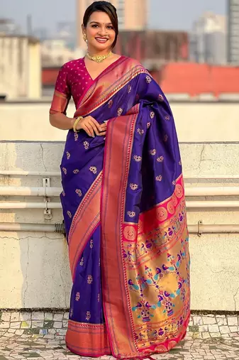Purple ethnic motifs zari silk blend paithani saree