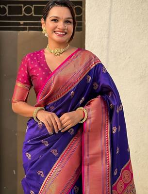 Purple ethnic motifs zari silk blend paithani saree 2