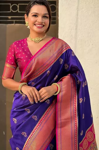 Purple ethnic motifs zari silk blend paithani saree