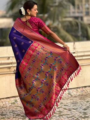Purple ethnic motifs zari silk blend paithani saree 3