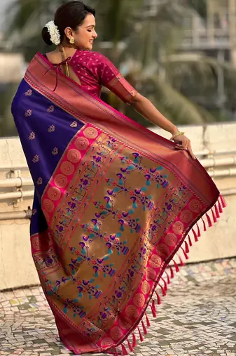 Purple ethnic motifs zari silk blend paithani saree