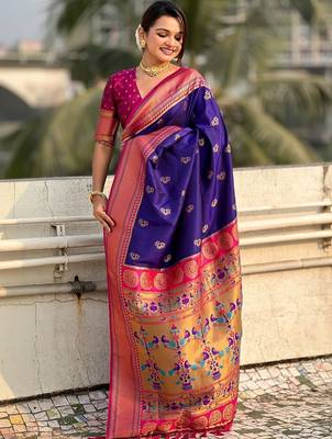 Purple ethnic motifs zari silk blend paithani saree 4