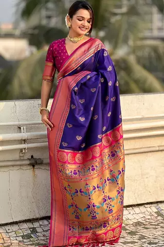 Purple ethnic motifs zari silk blend paithani saree