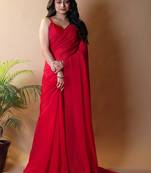 Red irsia solid shimmer georgette silk party wear sarees