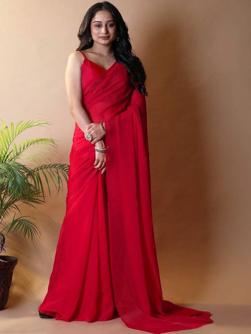 Red irsia solid shimmer georgette silk party wear sarees