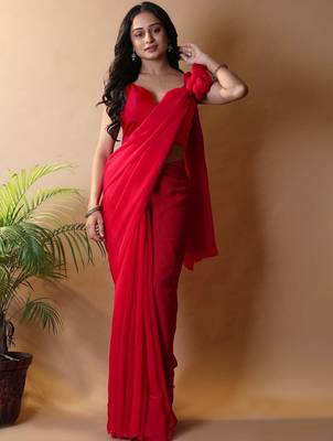 Red irsia solid shimmer georgette silk party wear sarees 4