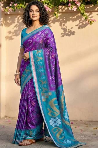 Purple ethnic motifs silk blend handloom pochampally saree