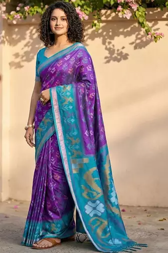 Purple ethnic motifs silk blend handloom pochampally saree