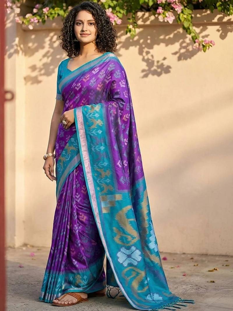 Purple ethnic motifs silk blend handloom pochampally saree