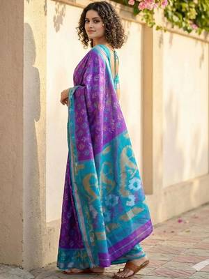 Purple ethnic motifs silk blend handloom pochampally saree 2