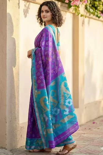 Purple ethnic motifs silk blend handloom pochampally saree