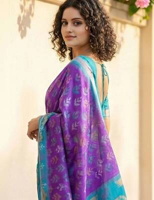 Purple ethnic motifs silk blend handloom pochampally saree 4
