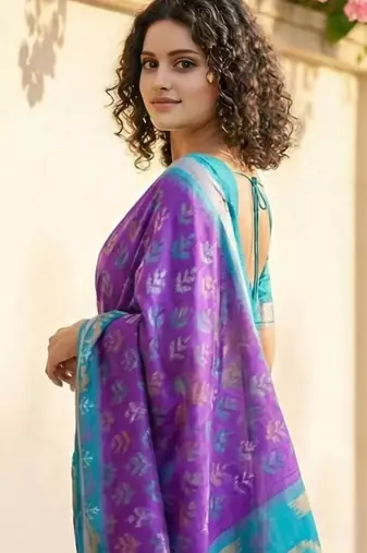 Purple ethnic motifs silk blend handloom pochampally saree