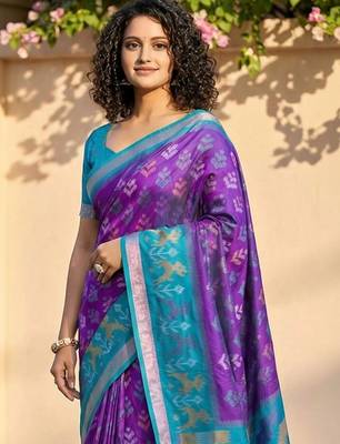 Purple ethnic motifs silk blend handloom pochampally saree 5