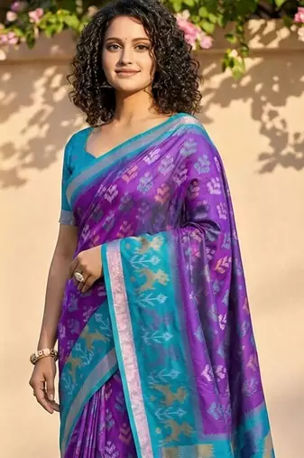 Purple ethnic motifs silk blend handloom pochampally saree