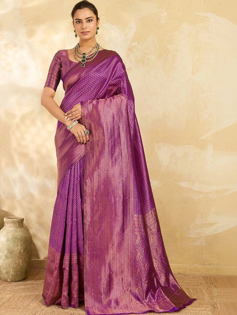 Purple woven design zari silk blend designer banarasi saree