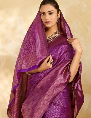 Purple woven design zari silk blend designer banarasi saree 4